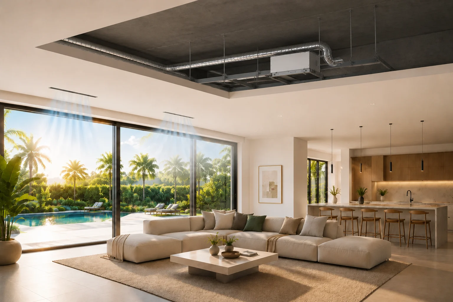 Intérieur avec climatisation monobloc gainable Villaclim, bouches de soufflage discrètes au plafond